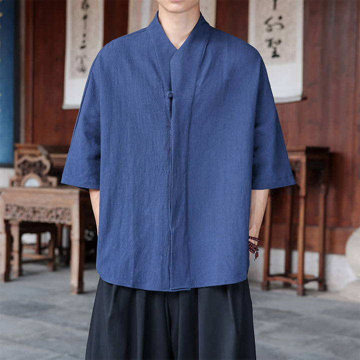 Buddha Stones Chemises minimalistes pour hommes, style Tang, longueur coude, style Pankou, collection printemps-été. - SteelBlue - US/UK/AU46，EU56 (5XL) - image 0
