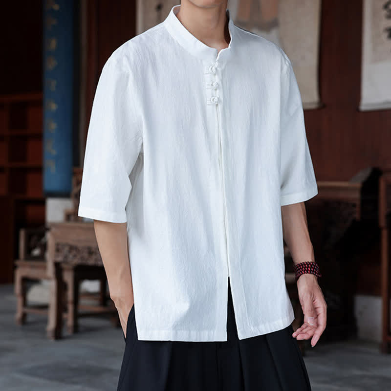 Buddha Stones Chemises homme style Tang, manches trois-quarts, style décontracté, en coton et lin uni, manches 3/4, printemps-été - image 19