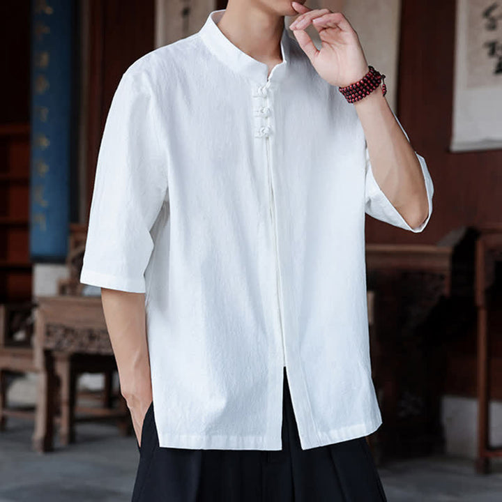 Buddha Stones Chemises homme style Tang, manches trois-quarts, style décontracté, en coton et lin uni, manches 3/4, printemps-été - image 21