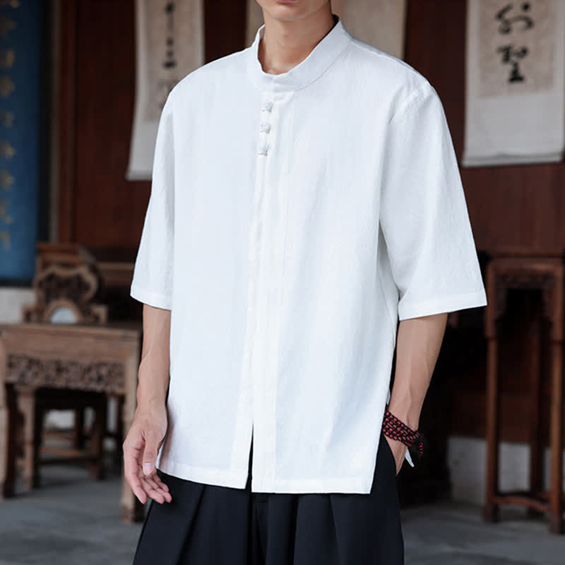 Buddha Stones Chemises homme style Tang, manches trois-quarts, style décontracté, en coton et lin uni, manches 3/4, printemps-été - image 20