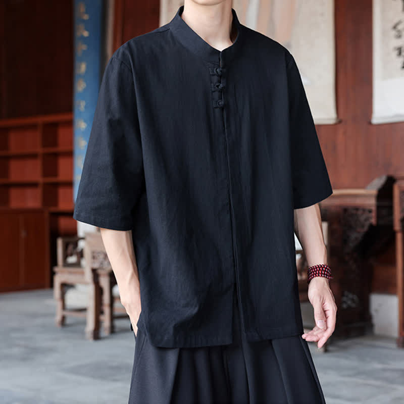 Buddha Stones Chemises homme style Tang, manches trois-quarts, style décontracté, en coton et lin uni, manches 3/4, printemps-été - image 10