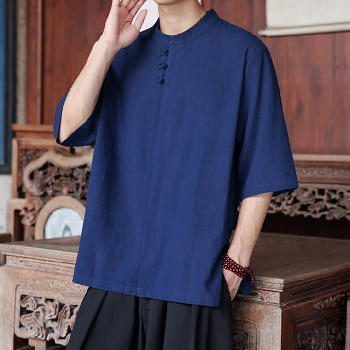Buddha Stones Chemises homme style Tang, manches trois-quarts, style décontracté, en coton et lin uni, manches 3/4, printemps-été - image 8