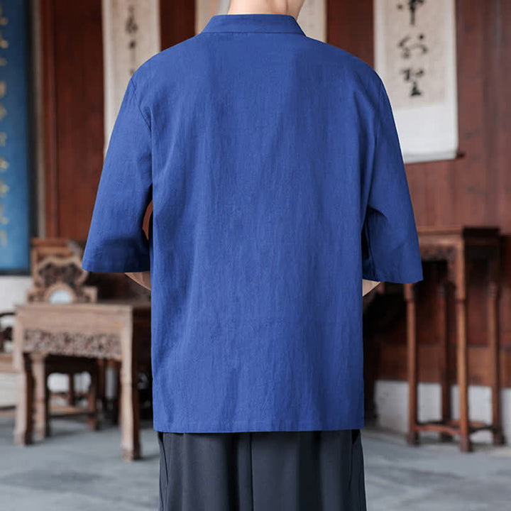Buddha Stones Chemises homme style Tang, manches trois-quarts, style décontracté, en coton et lin uni, manches 3/4, printemps-été - image 3