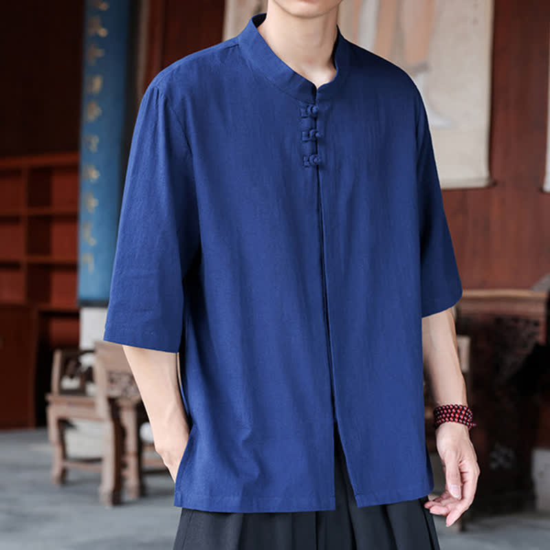 Buddha Stones Chemises homme style Tang, manches trois-quarts, style décontracté, en coton et lin uni, manches 3/4, printemps-été - image 1