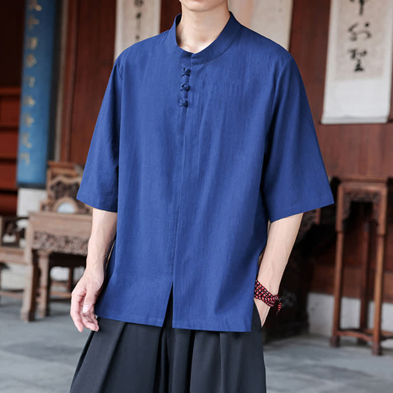 Buddha Stones Chemises homme style Tang, manches trois-quarts, style décontracté, en coton et lin uni, manches 3/4, printemps-été - image 2