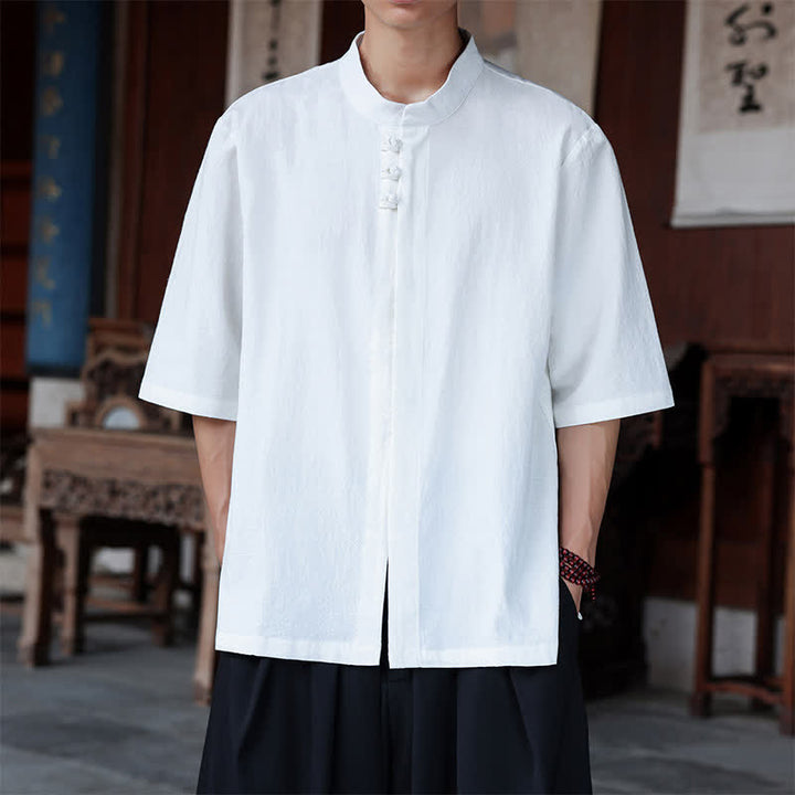 Buddha Stones Chemises homme style Tang, manches trois-quarts, style décontracté, en coton et lin uni, manches 3/4, printemps-été - Blanc - US/UK/AU46，EU56 (5XL) - image 18
