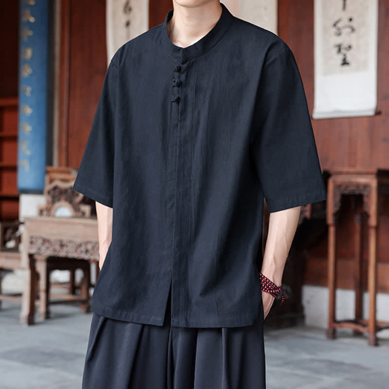 Buddha Stones Chemises homme style Tang, manches trois-quarts, style décontracté, en coton et lin uni, manches 3/4, printemps-été - image 15