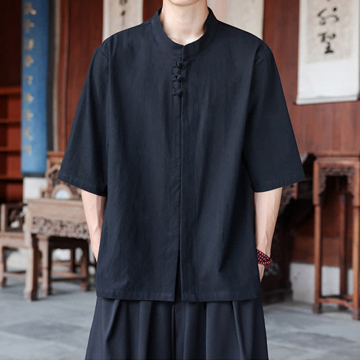 Buddha Stones Chemises homme style Tang, manches trois-quarts, style décontracté, en coton et lin uni, manches 3/4, printemps-été - Noir - US/UK/AU46，EU56 (5XL) - image 9