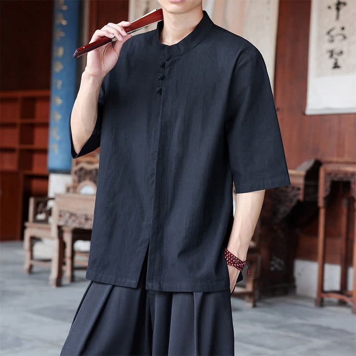 Buddha Stones Chemises homme style Tang, manches trois-quarts, style décontracté, en coton et lin uni, manches 3/4, printemps-été - image 16