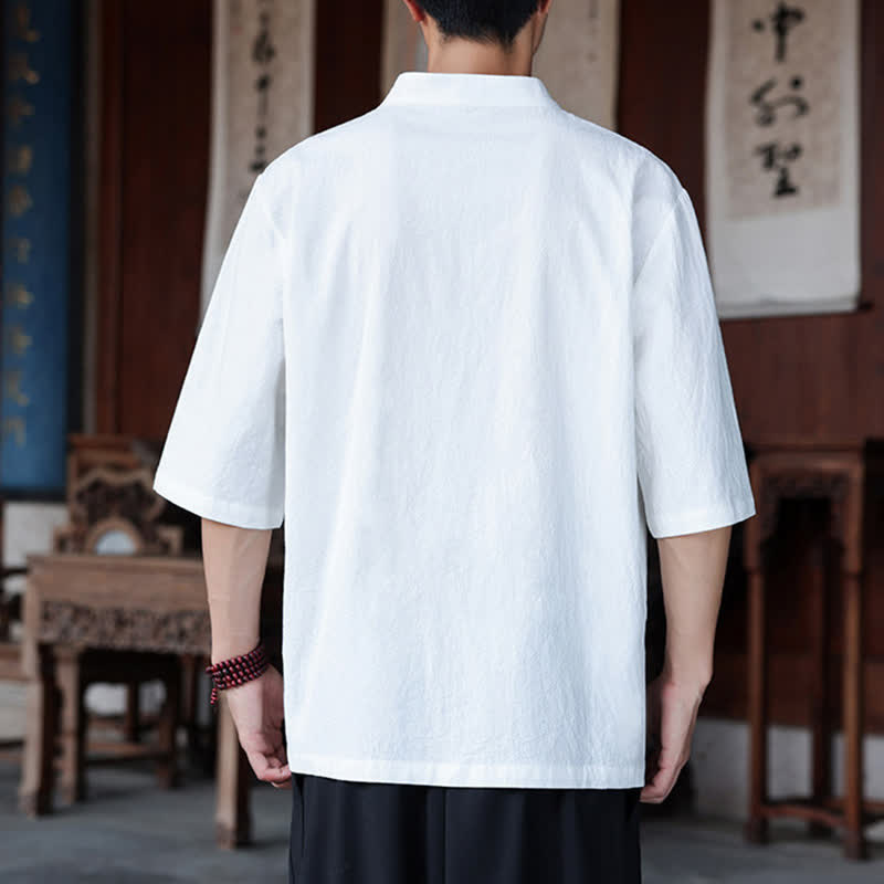 Buddha Stones Chemises homme style Tang, manches trois-quarts, style décontracté, en coton et lin uni, manches 3/4, printemps-été - image 22