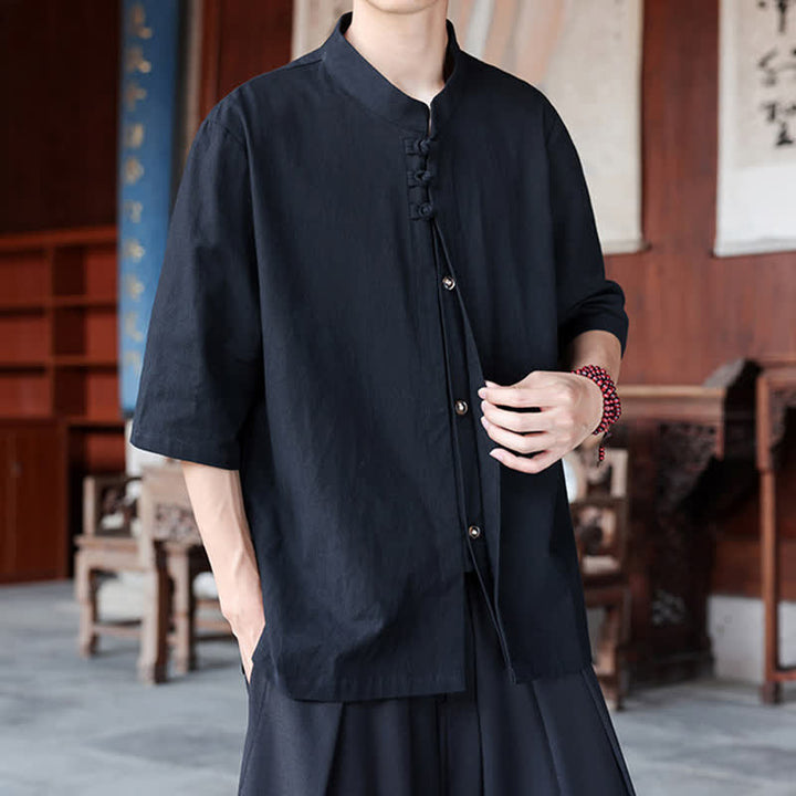 Buddha Stones Chemises homme style Tang, manches trois-quarts, style décontracté, en coton et lin uni, manches 3/4, printemps-été - image 12