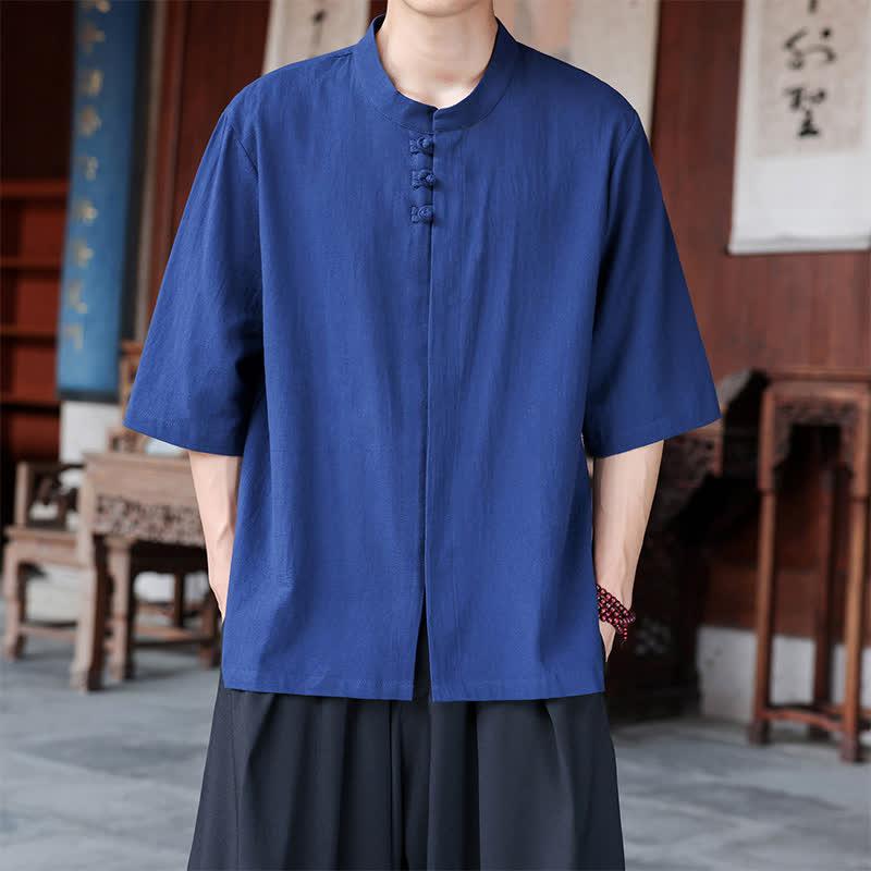 Buddha Stones Chemises homme style Tang, manches trois-quarts, style décontracté, en coton et lin uni, manches 3/4, printemps-été - Bleu royal - US/UK/AU46，EU56 (5XL) - image 0