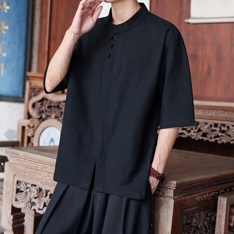 Buddha Stones Chemises homme style Tang, manches trois-quarts, style décontracté, en coton et lin uni, manches 3/4, printemps-été - image 11