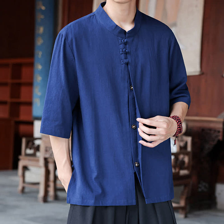 Buddha Stones Chemises homme style Tang, manches trois-quarts, style décontracté, en coton et lin uni, manches 3/4, printemps-été - image 4
