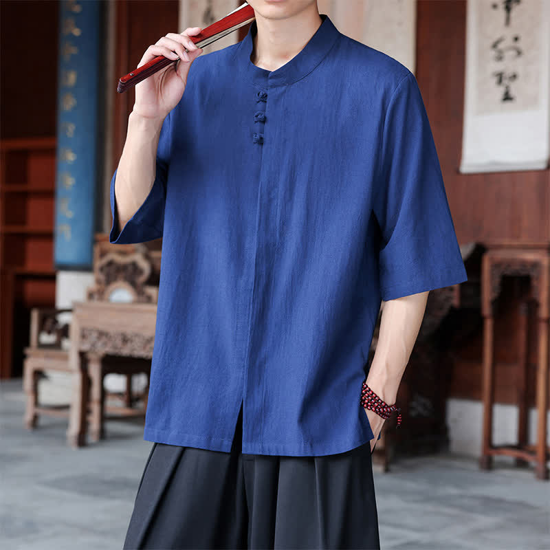 Buddha Stones Chemises homme style Tang, manches trois-quarts, style décontracté, en coton et lin uni, manches 3/4, printemps-été - image 5