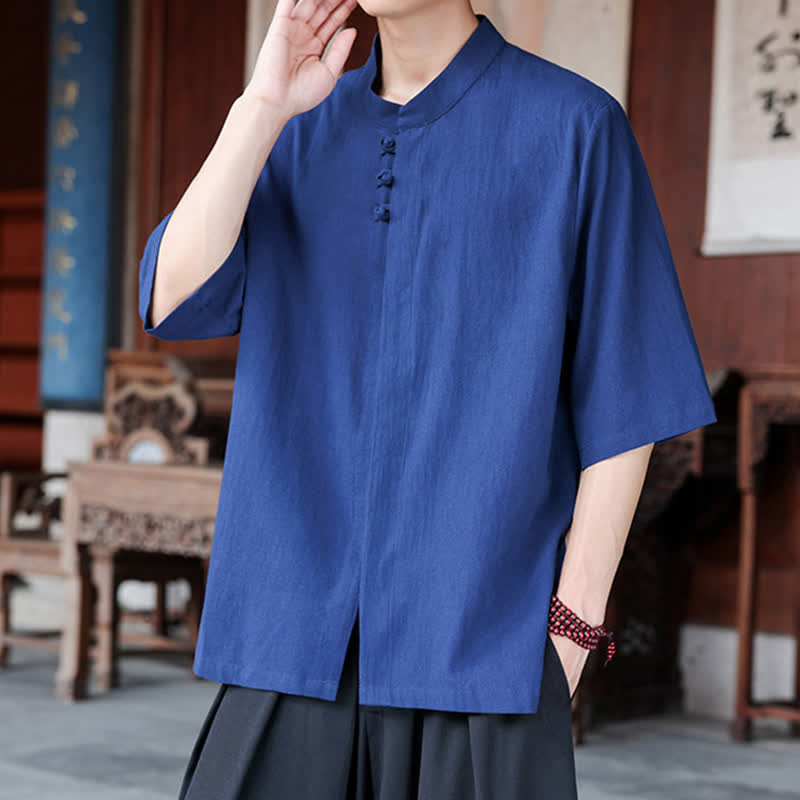 Buddha Stones Chemises homme style Tang, manches trois-quarts, style décontracté, en coton et lin uni, manches 3/4, printemps-été - image 6