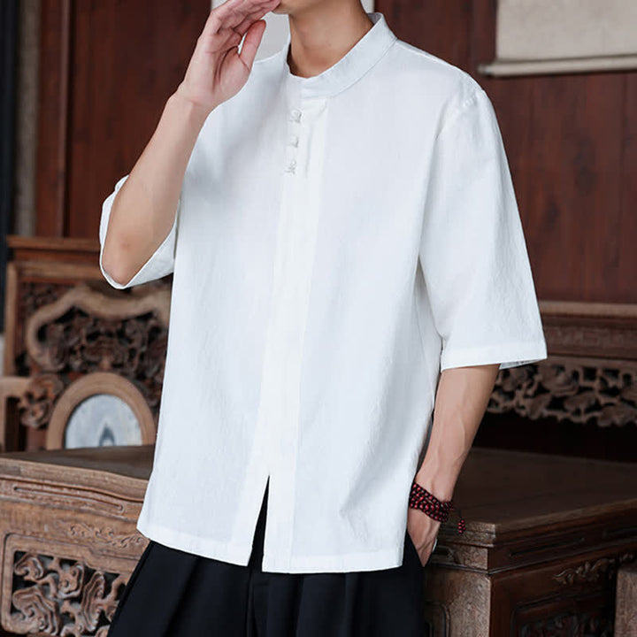 Buddha Stones Chemises homme style Tang, manches trois-quarts, style décontracté, en coton et lin uni, manches 3/4, printemps-été - image 24