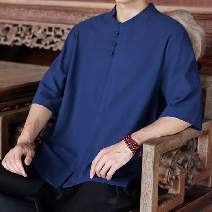 Buddha Stones Chemises homme style Tang, manches trois-quarts, style décontracté, en coton et lin uni, manches 3/4, printemps-été - image 7