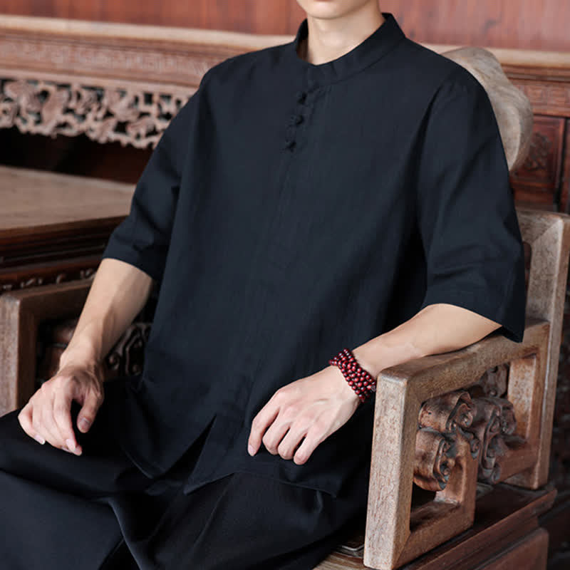 Buddha Stones Chemises homme style Tang, manches trois-quarts, style décontracté, en coton et lin uni, manches 3/4, printemps-été - image 17