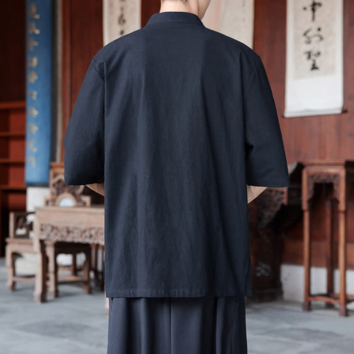 Buddha Stones Chemises homme style Tang, manches trois-quarts, style décontracté, en coton et lin uni, manches 3/4, printemps-été - image 13