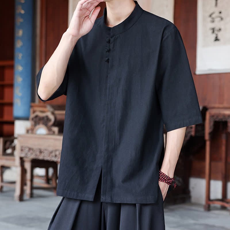 Buddha Stones Chemises homme style Tang, manches trois-quarts, style décontracté, en coton et lin uni, manches 3/4, printemps-été - image 14