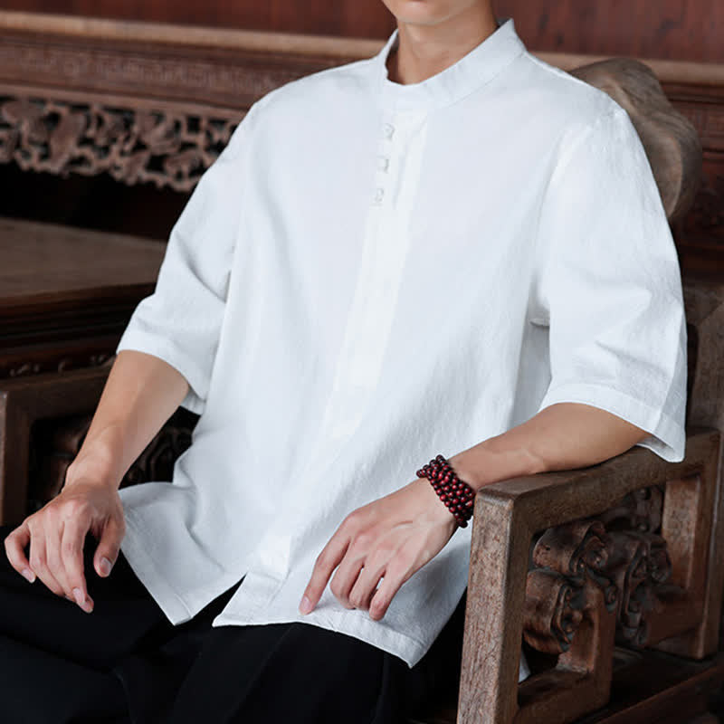 Buddha Stones Chemises homme style Tang, manches trois-quarts, style décontracté, en coton et lin uni, manches 3/4, printemps-été - image 25