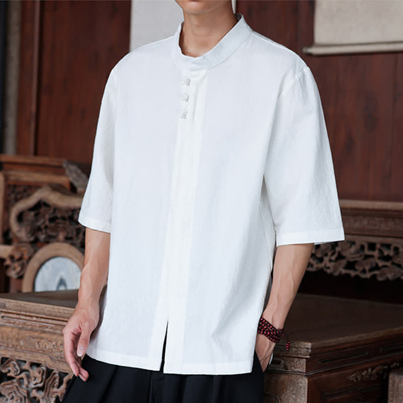 Buddha Stones Chemises homme style Tang, manches trois-quarts, style décontracté, en coton et lin uni, manches 3/4, printemps-été - image 23