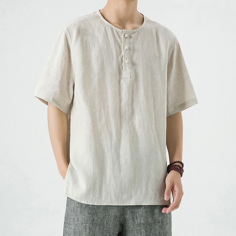Buddha Stones Chemises à manches courtes unies, minimalistes et décontractées pour hommes, printemps-été - Lin - US/UK/AU46，EU56 (5XL) - image 0