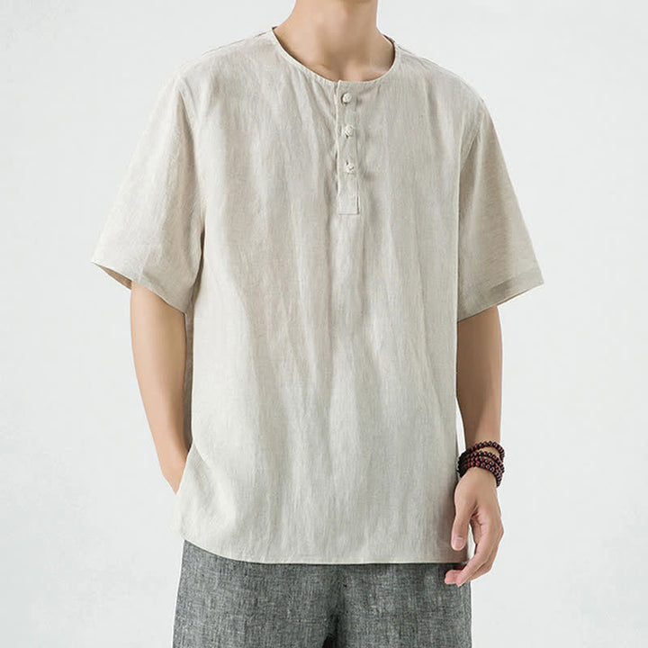 Buddha Stones Chemises à manches courtes unies, minimalistes et décontractées pour hommes, printemps-été - Lin - US/UK/AU46，EU56 (5XL) - image 0