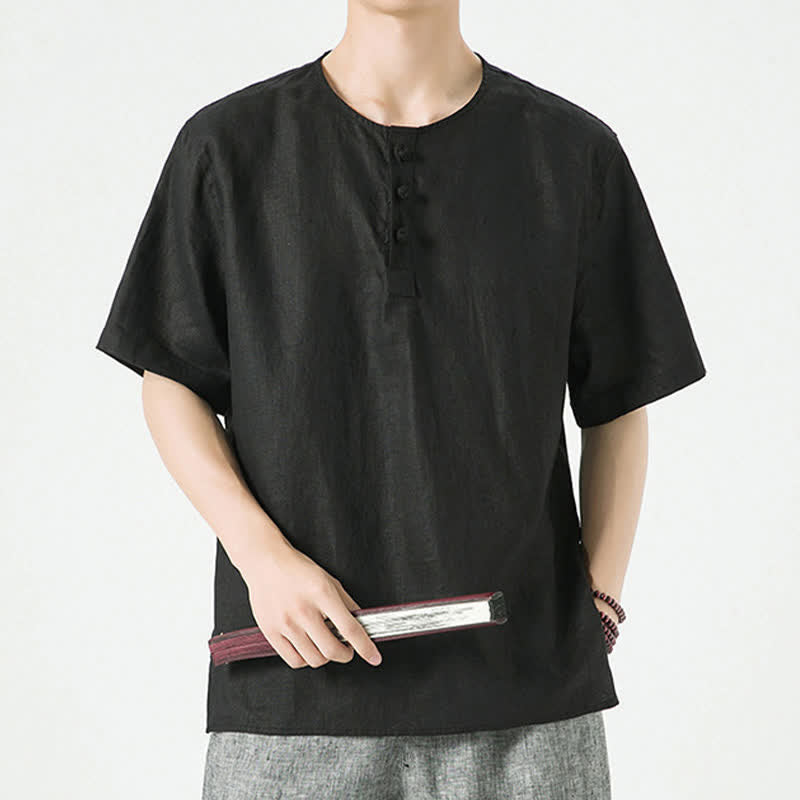 Buddha Stones Chemises à manches courtes unies, minimalistes et décontractées pour hommes, printemps-été - Noir - US/UK/AU46，EU56 (5XL) - image 8