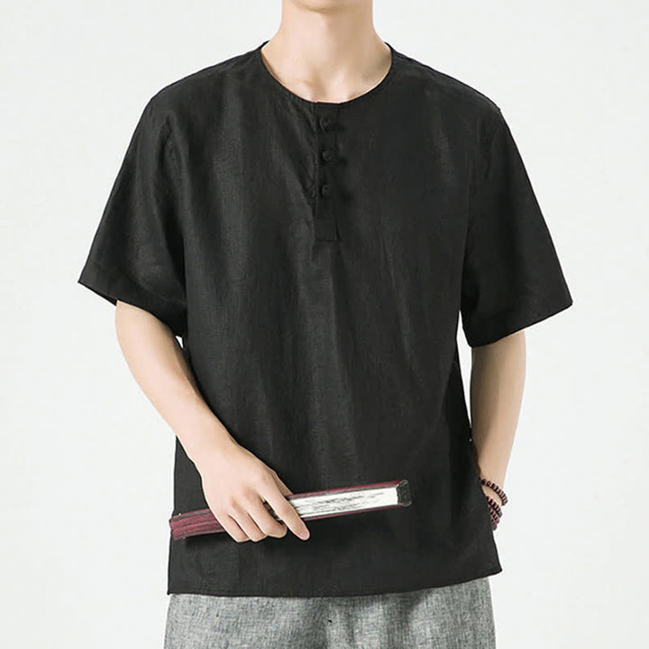 Buddha Stones Chemises à manches courtes unies, minimalistes et décontractées pour hommes, printemps-été - Noir - US/UK/AU46，EU56 (5XL) - image 8