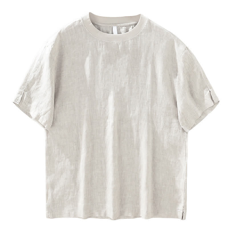 Buddha Stones T-shirts d'été minimalistes décontractés en lin uni à manches courtes et col rond pour hommes - image 3
