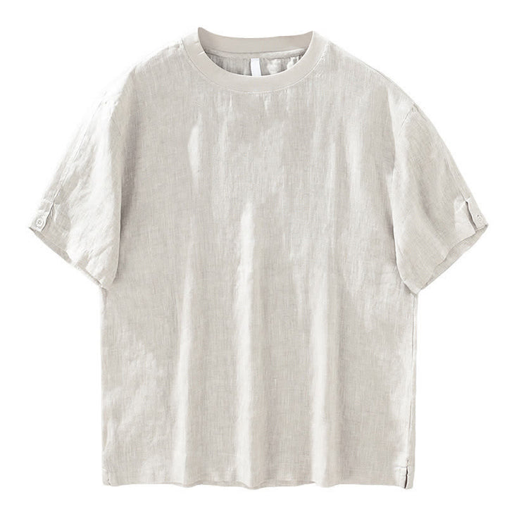 Buddha Stones T-shirts d'été minimalistes décontractés en lin uni à manches courtes et col rond pour hommes - image 3