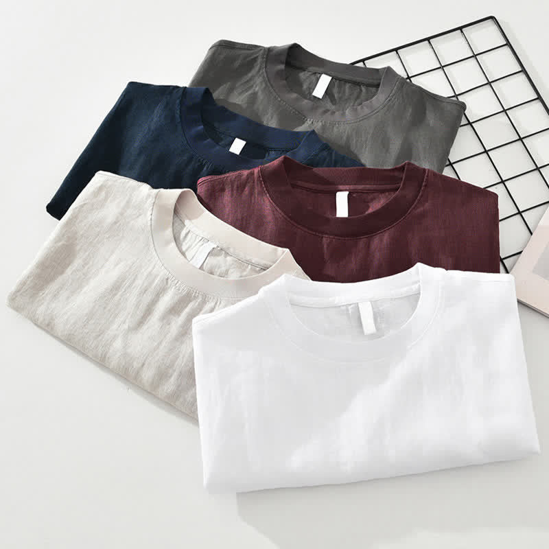 Buddha Stones T-shirts d'été minimalistes décontractés en lin uni à manches courtes et col rond pour hommes - image 15