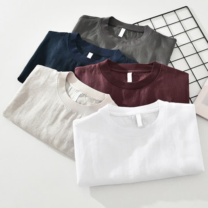 Buddha Stones T-shirts d'été minimalistes décontractés en lin uni à manches courtes et col rond pour hommes - image 15
