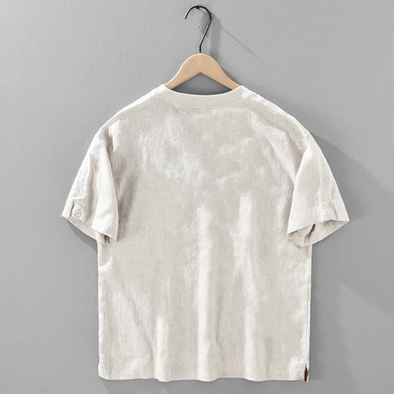 Buddha Stones T-shirts d'été minimalistes décontractés en lin uni à manches courtes et col rond pour hommes - image 2