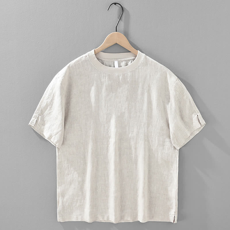 Buddha Stones T-shirts d'été minimalistes décontractés en lin uni à manches courtes et col rond pour hommes - image 1