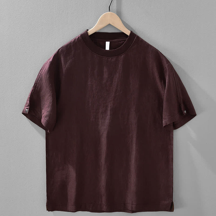 Buddha Stones T-shirts d'été minimalistes décontractés en lin uni à manches courtes et col rond pour hommes - Bordeaux - US/UK/AU42，EU52 (3XL) - image 13