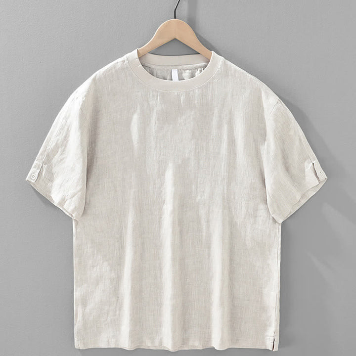 Buddha Stones T-shirts d'été minimalistes décontractés en lin uni à manches courtes et col rond pour hommes - Lin - US/UK/AU42，EU52 (3XL) - image 0