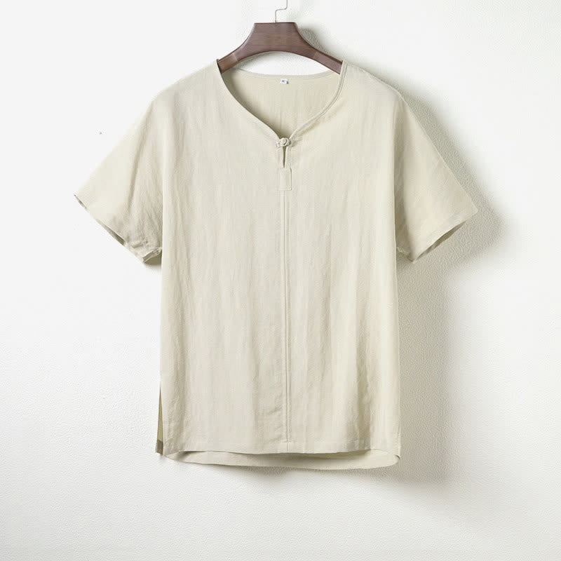Buddha Stones Chemises d'été décontractées à manches courtes pour hommes, col en V, style Tang, unies - Melon miellat - US/UK/AU44，EU54 (4XL) - image 7
