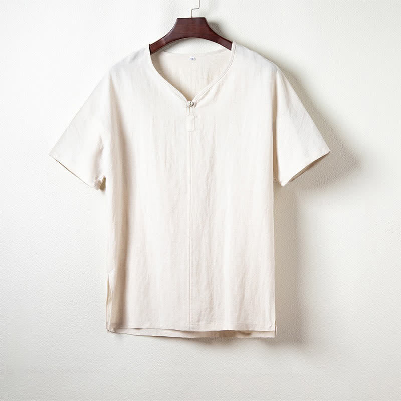 Buddha Stones Chemises d'été décontractées à manches courtes pour hommes, col en V, style Tang, unies - Lin - US/UK/AU44，EU54 (4XL) - image 9