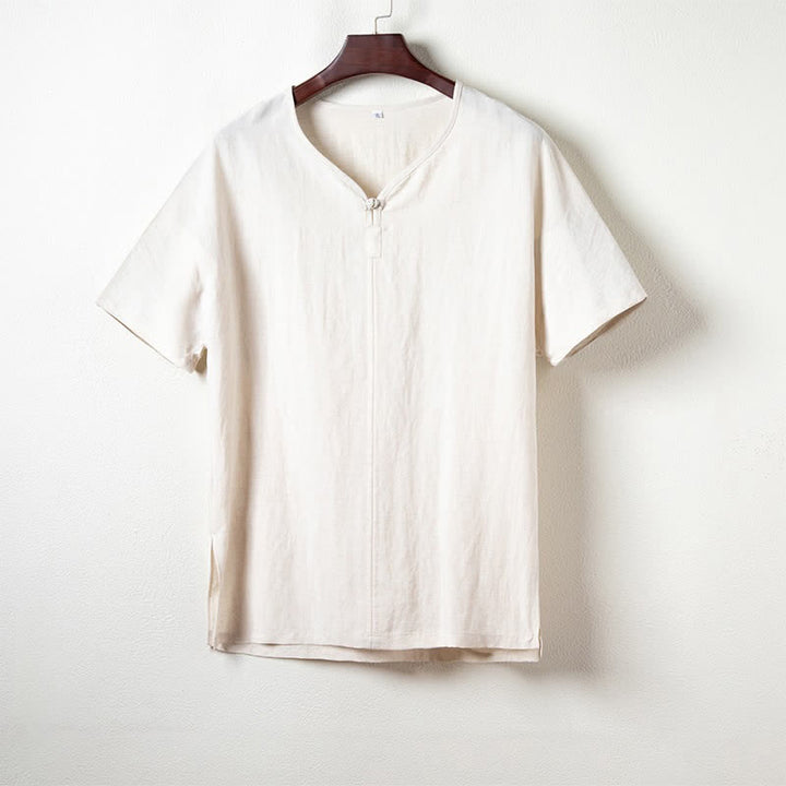 Buddha Stones Chemises d'été décontractées à manches courtes pour hommes, col en V, style Tang, unies - Lin - US/UK/AU44，EU54 (4XL) - image 9