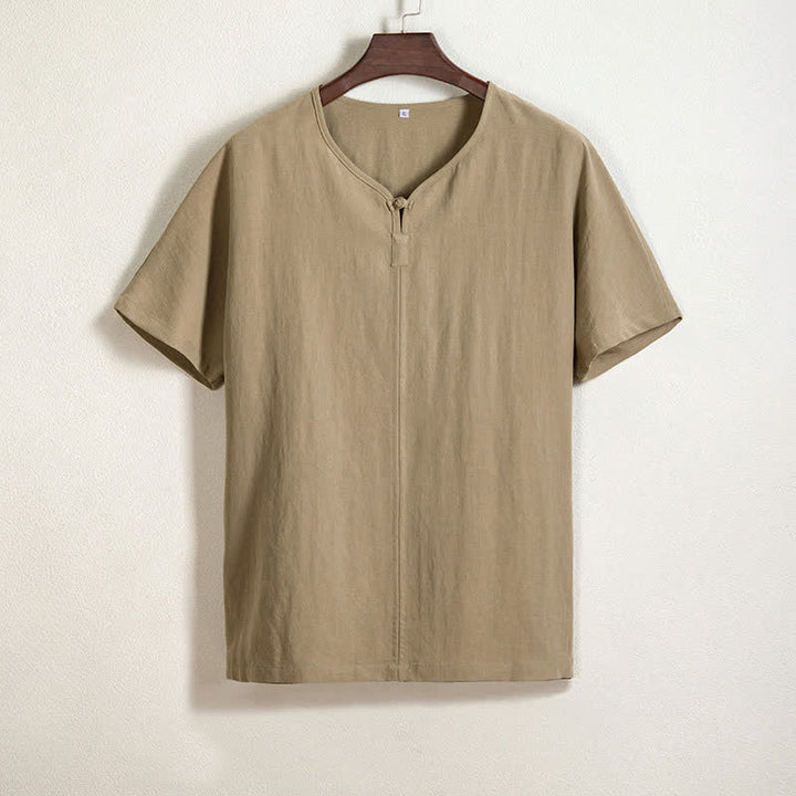 Buddha Stones Chemises d'été décontractées à manches courtes pour hommes, col en V, style Tang, unies - Tanné - US/UK/AU44，EU54 (4XL) - image 0