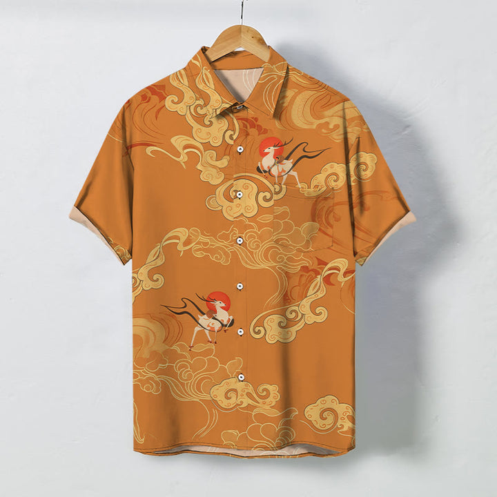 Buddha Stones Chemise à manches courtes respirante pour homme avec boutons à motif de grue céleste et nuage porte-bonheur - Pérou - US/UK/AU48，EU58 (4XL) - image 0