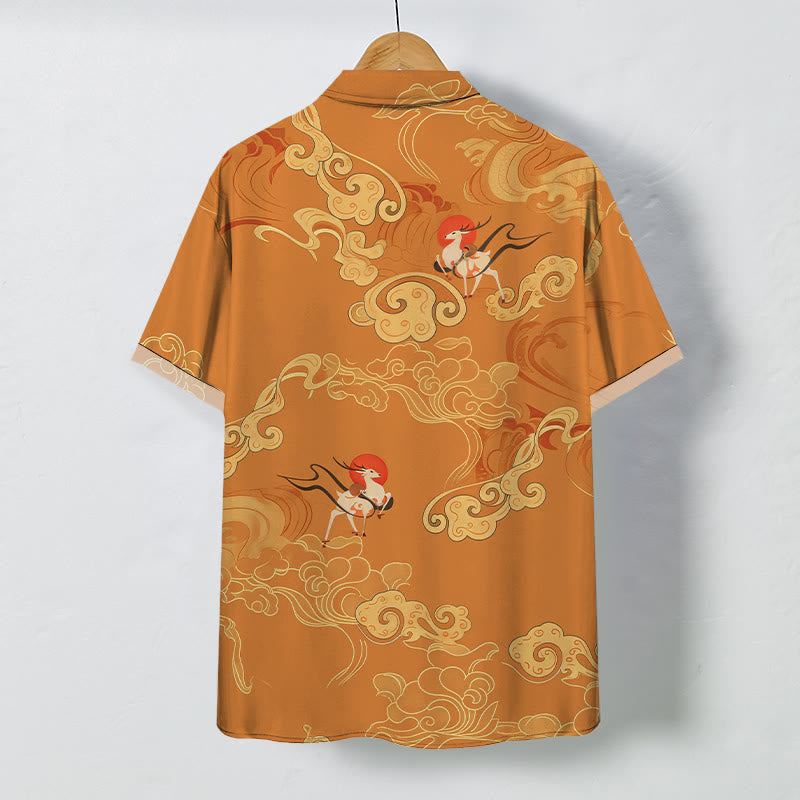 Buddha Stones Chemise à manches courtes respirante pour homme avec boutons à motif de grue céleste et nuage porte-bonheur - image 1