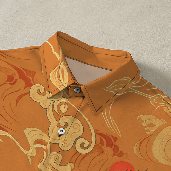 Buddha Stones Chemise à manches courtes respirante pour homme avec boutons à motif de grue céleste et nuage porte-bonheur - image 2
