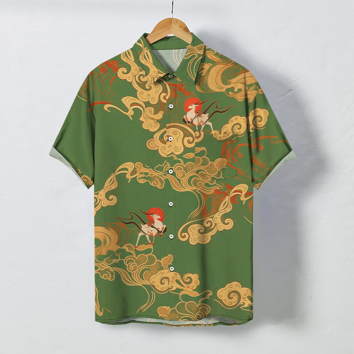 Buddha Stones Chemise à manches courtes respirante pour homme avec boutons à motif de grue céleste et nuage porte-bonheur - Vert olive - US/UK/AU48，EU58 (4XL) - image 5