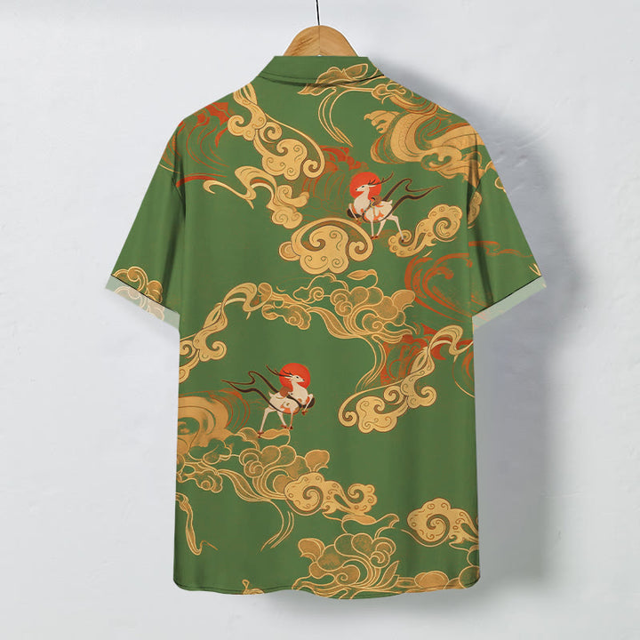 Buddha Stones Chemise à manches courtes respirante pour homme avec boutons à motif de grue céleste et nuage porte-bonheur - image 6