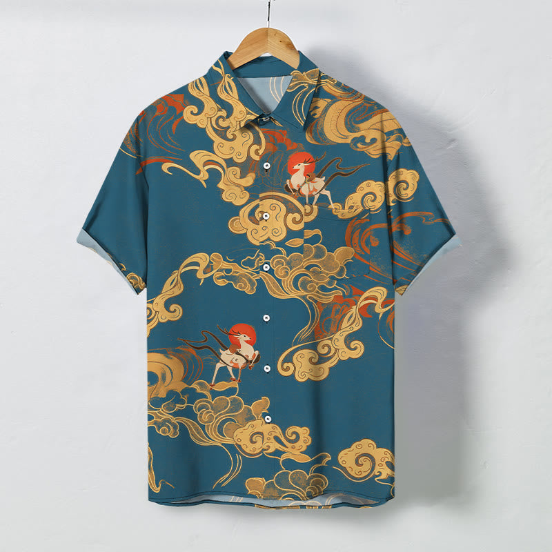 Buddha Stones Chemise à manches courtes respirante pour homme avec boutons à motif de grue céleste et nuage porte-bonheur - Sarcelle - US/UK/AU48，EU58 (4XL) - image 7