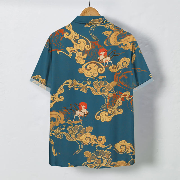 Buddha Stones Chemise à manches courtes respirante pour homme avec boutons à motif de grue céleste et nuage porte-bonheur - image 8